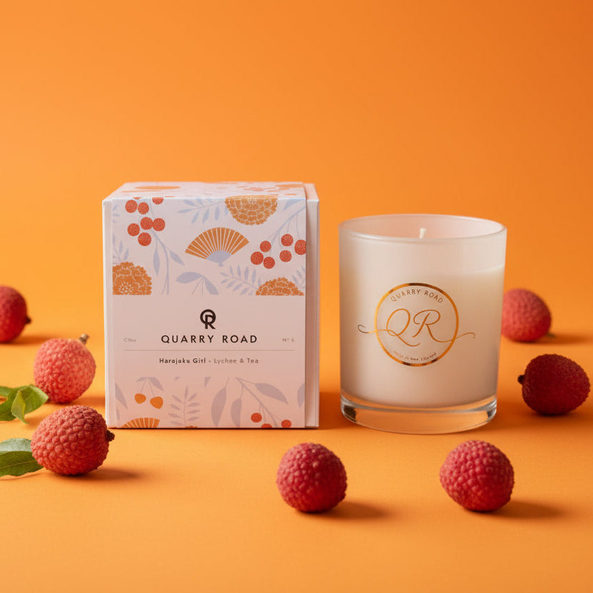 Quarry Road scented candle. Harajuku Girl. Delightful fragrance of Lychee and green tea. $39.99