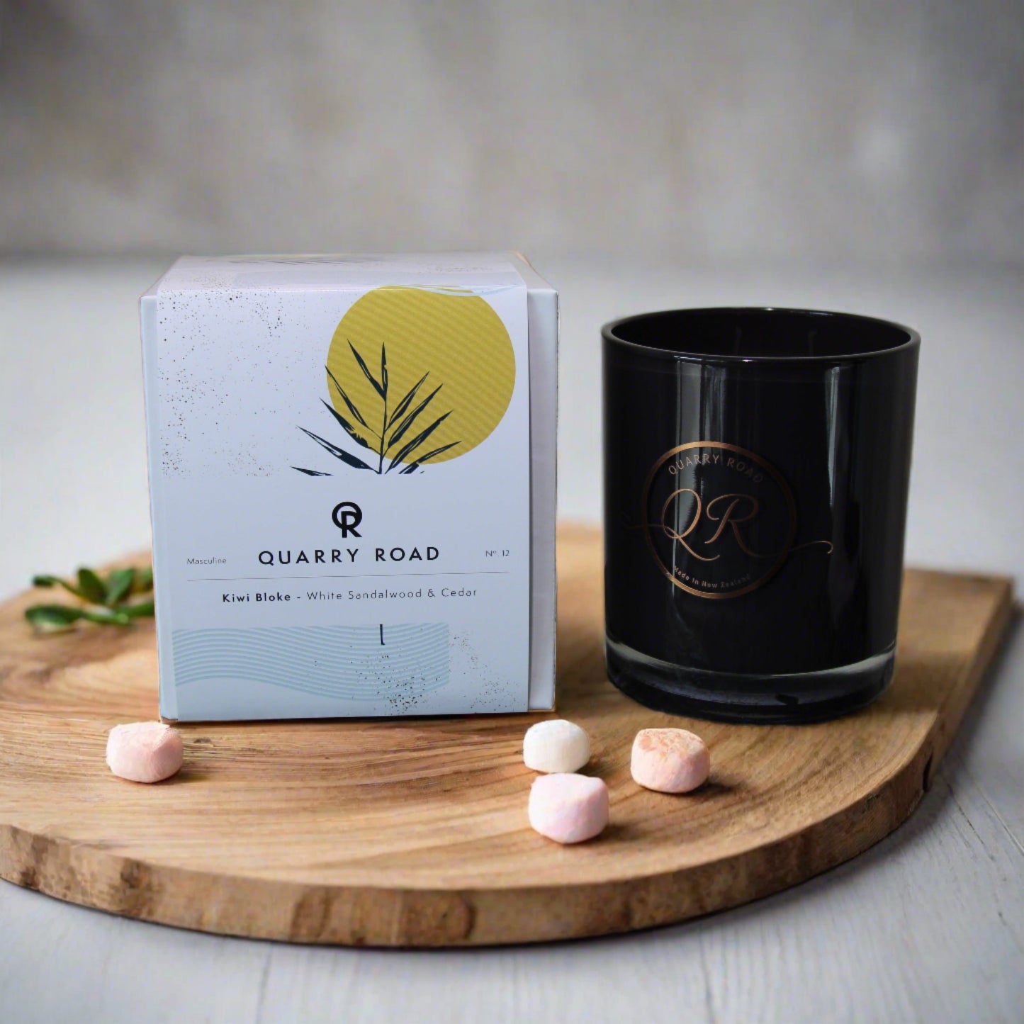 Quarry Road scented candle. KIWI BLOKE. Masculine fragrance bringing in that white sandlewood and cedar fragrance. A great gift for men. $39.99