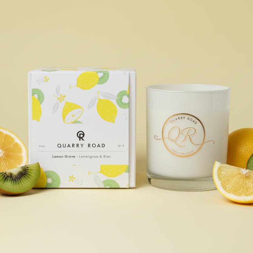 Quarry Road scented candle. LEMON GROVE. Lovely scents of lemongrass and kiwifruit along with other softer notes of background fragrances. $39.99