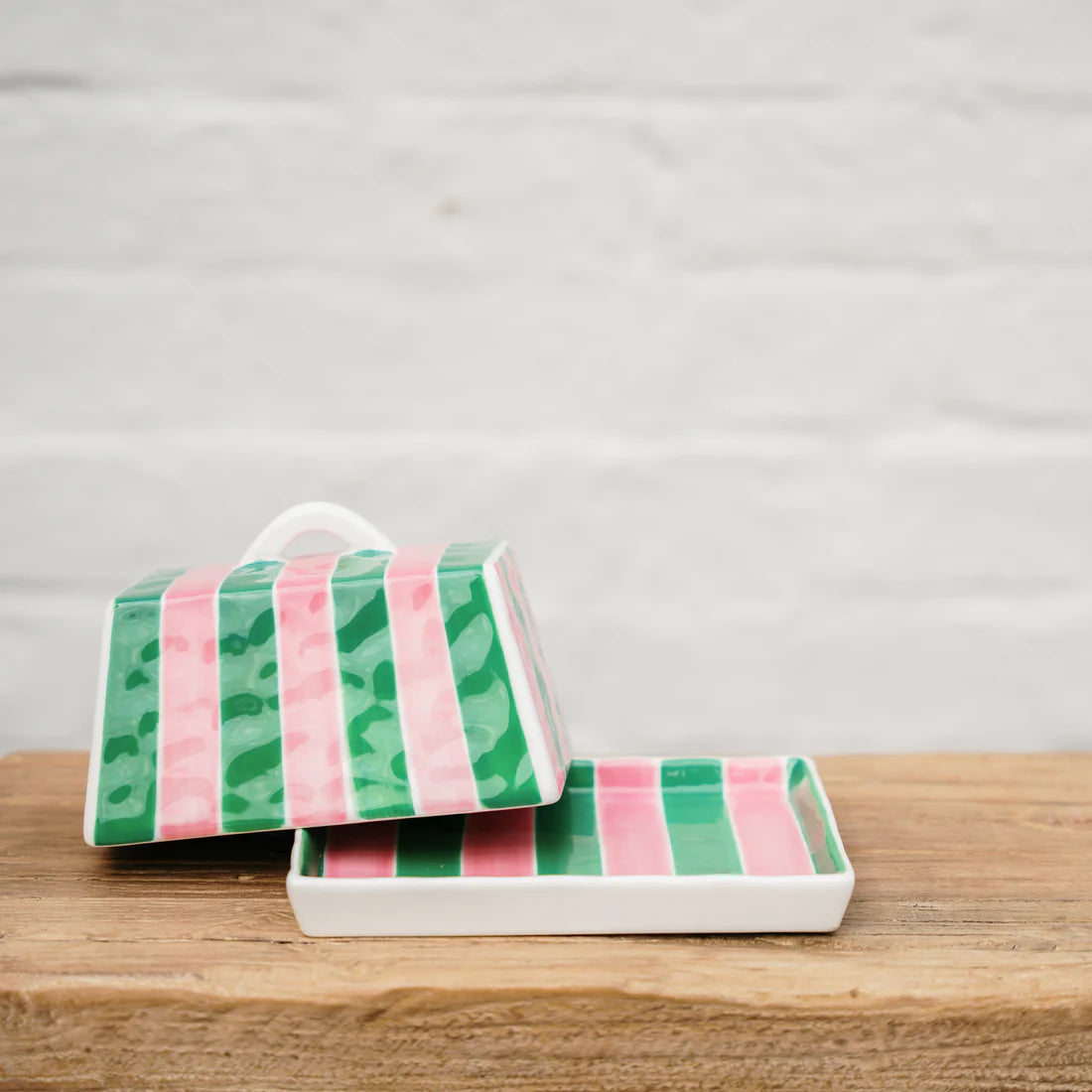 Butter Dish - Green & Pink Stripe
