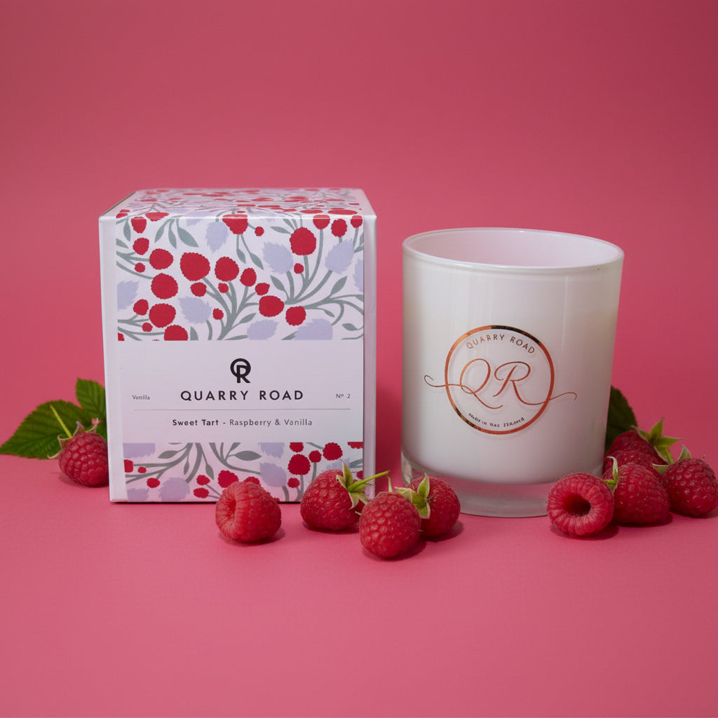 Candle by Quarry Road. SWEET TART. Delicious aroma of raspberries and strawberries with lower notes of musk and vanilla, most popular. $39.99