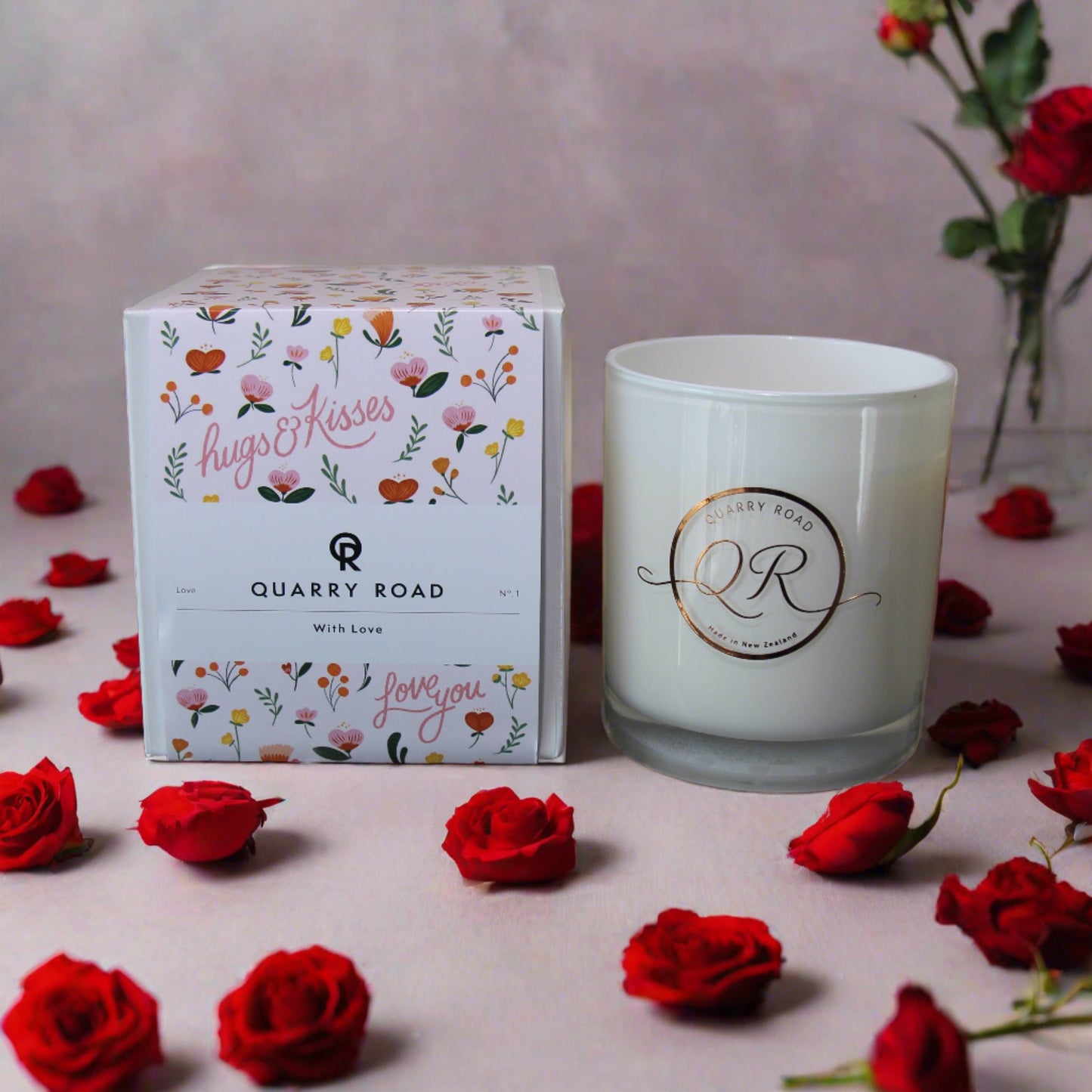 Scented candle made by Quarry Road. WITH LOVE. Lovely scent like a flower bomb. Top Notes: Bergamot, Black Tea. Mid Notes: Jasmine, Rose Base Notes: Patchouli, Orchid, absolutely beautiful. $39.99