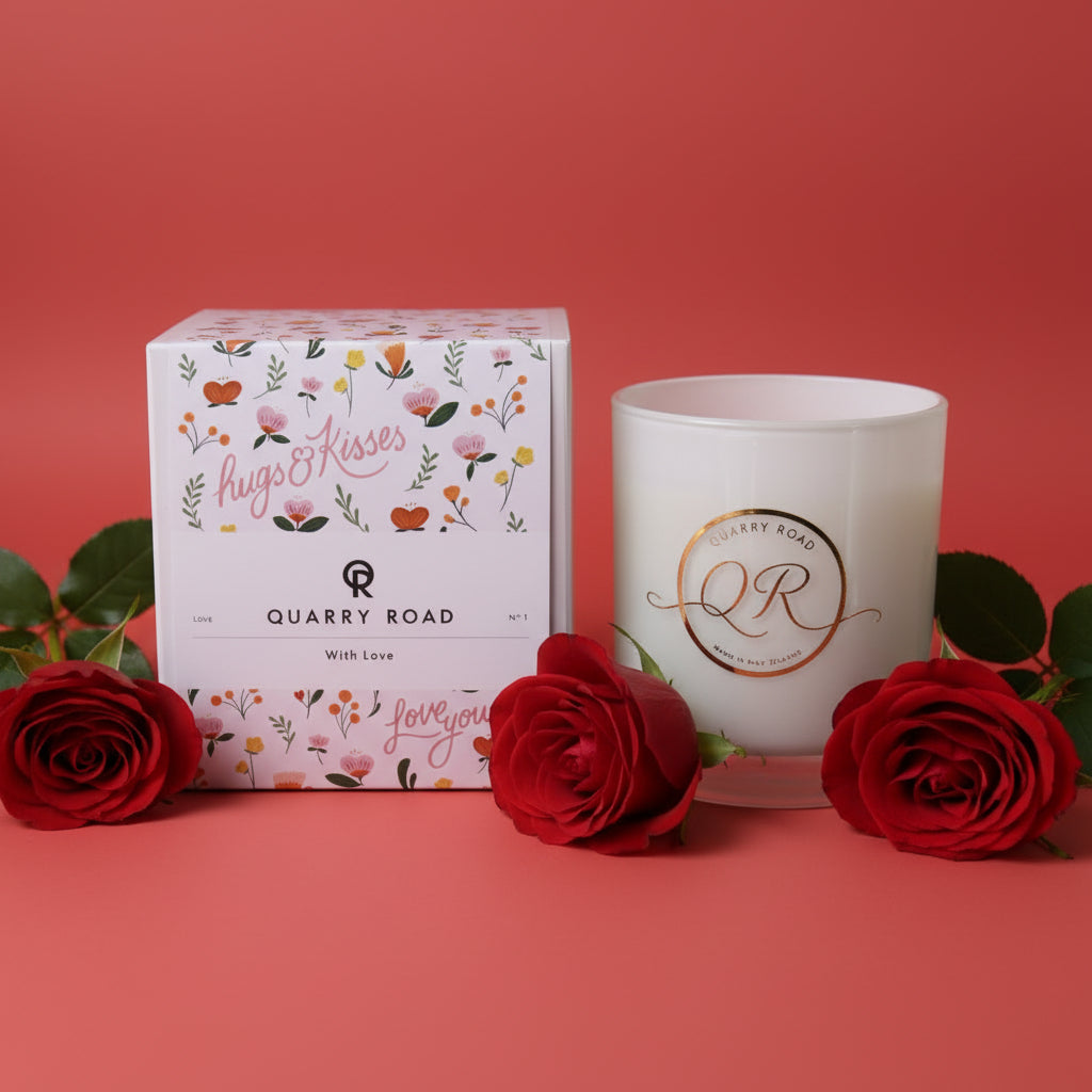 Scented candle made by Quarry Road. WITH LOVE. Lovely scent like a flower bomb. Top Notes: Bergamot, Black Tea. Mid Notes: Jasmine, Rose Base Notes: Patchouli, Orchid, absolutely beautiful. $39.99