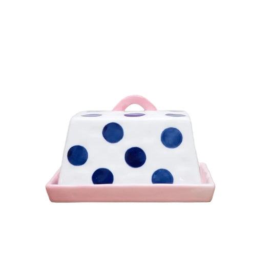 Butter Dish - Navy Dots & Pink