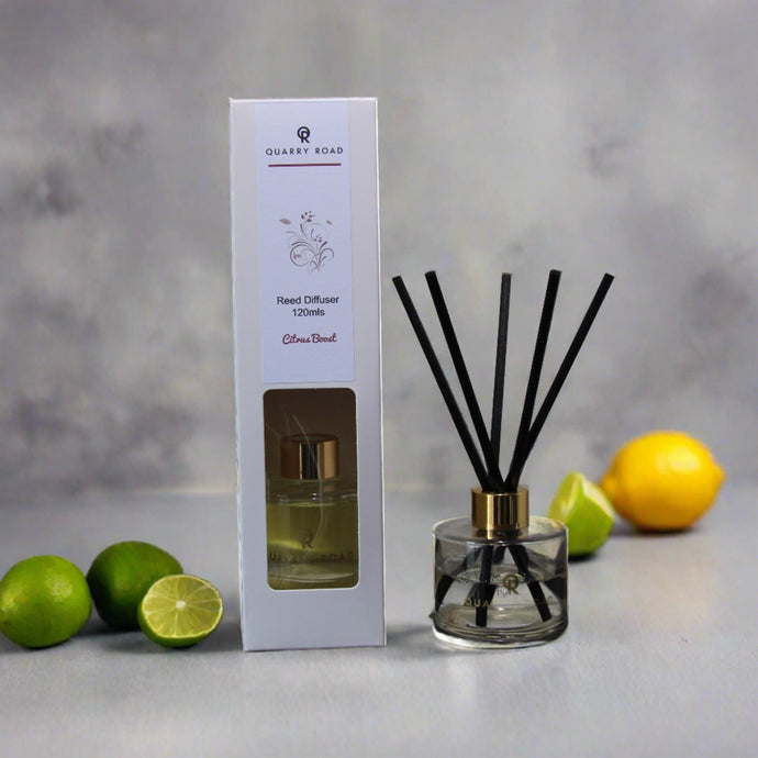 Quarry Road reed diffuser. CITRUS BOOST. Combines the fresh zesty citrus notes of lime and mandarin with undertoned notes of basil and herbs. 120ml. A great fragrance. $34.95