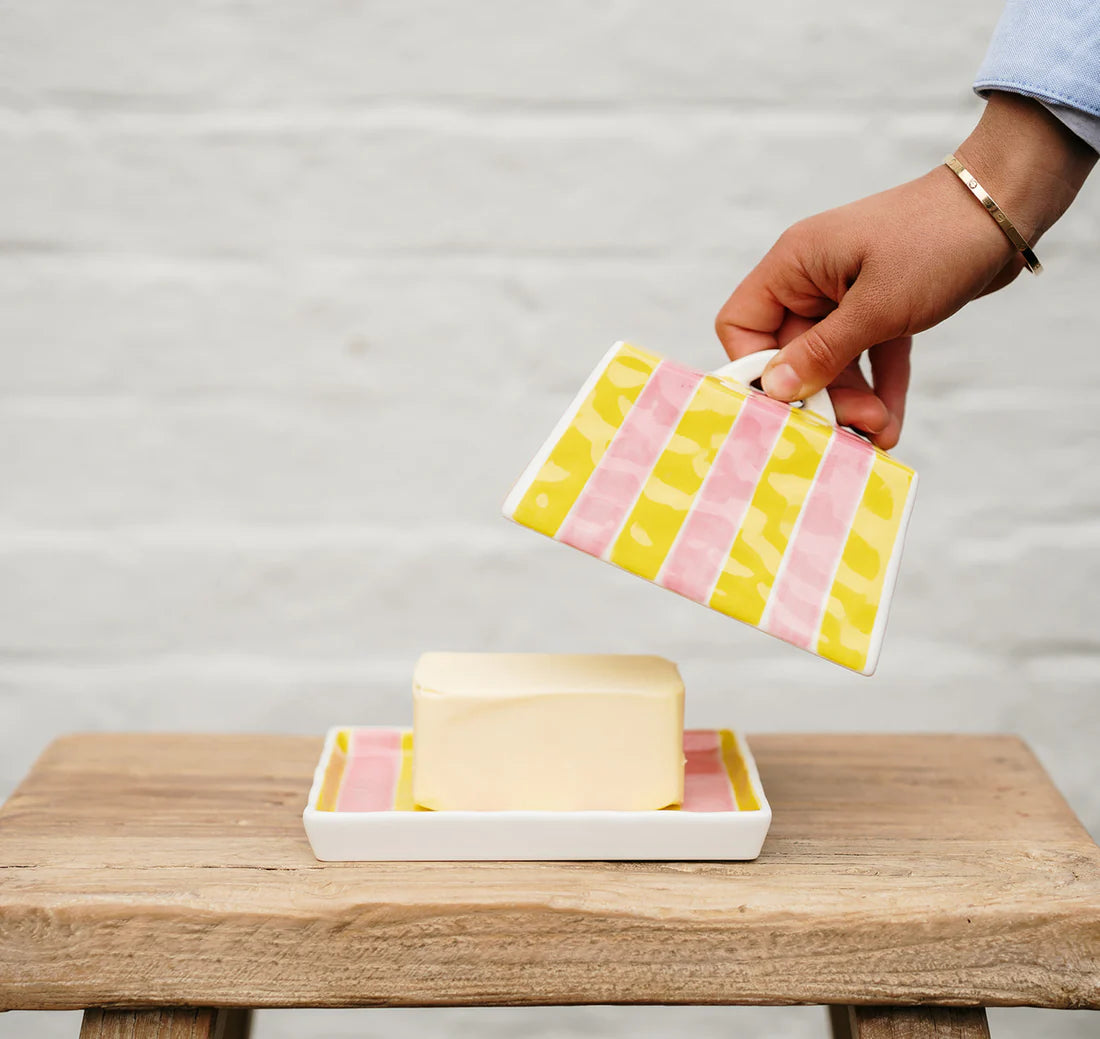 Butter Dish - Pink & Yellow Stripe