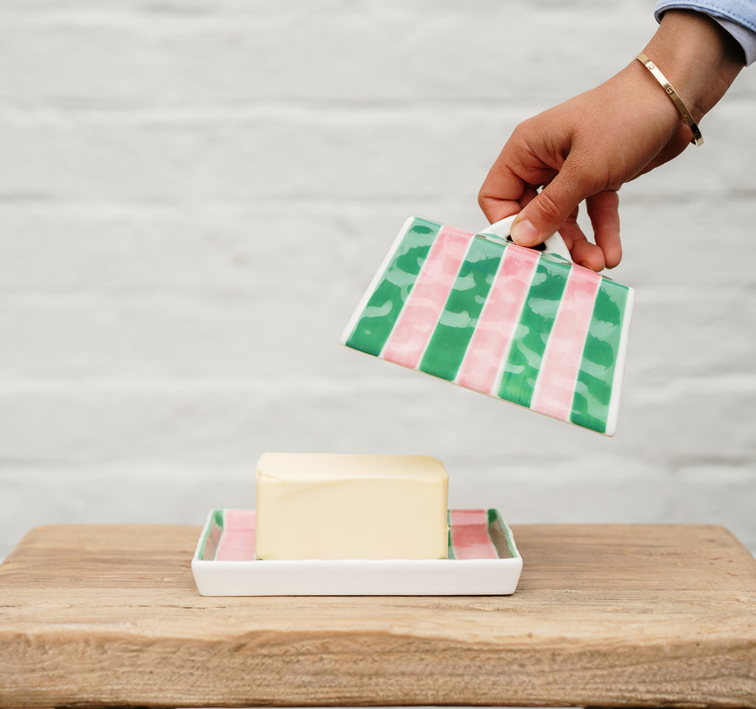 Butter Dish - Green & Pink Stripe