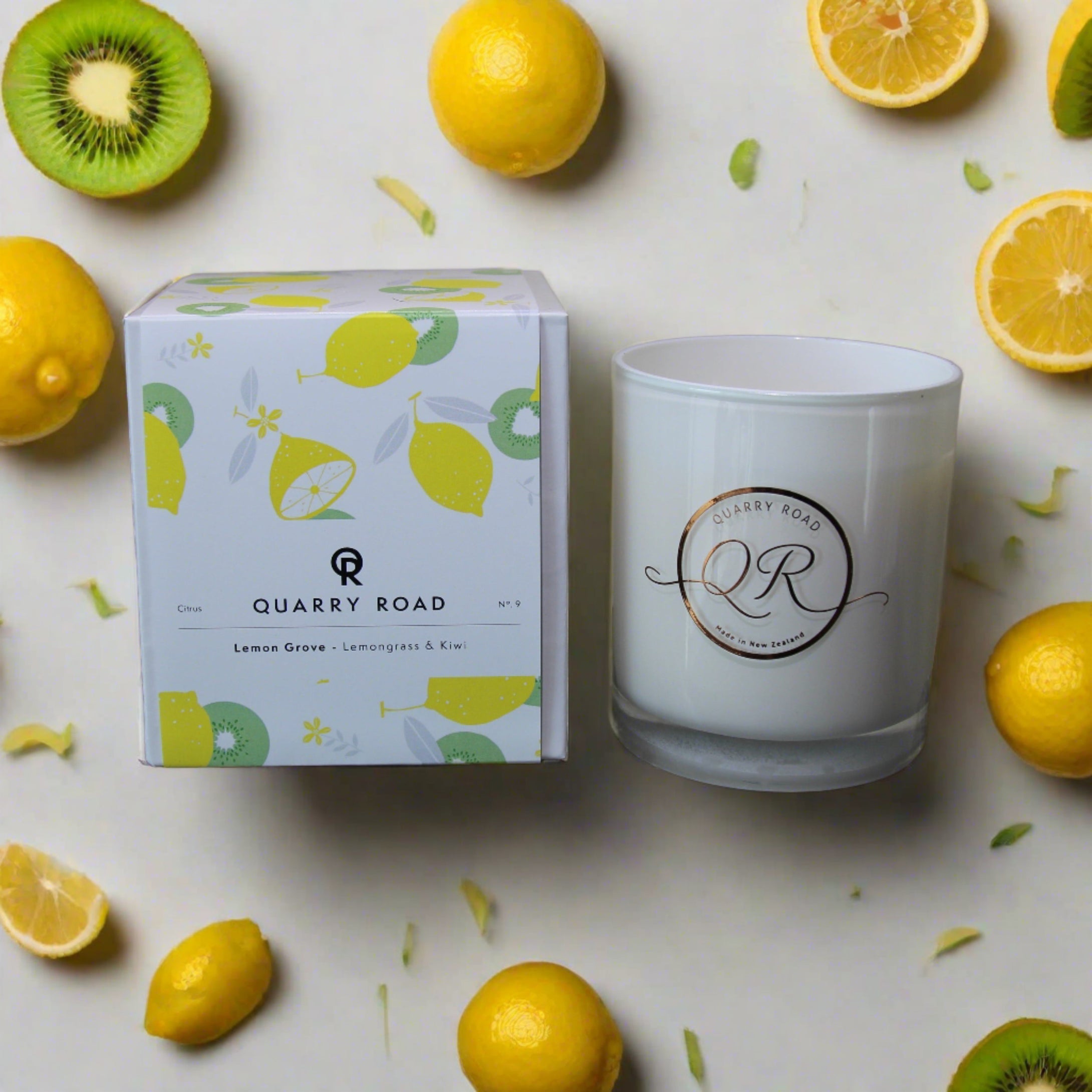 Quarry Road scented candle. LEMON GROVE. Lovely scents of lemongrass and kiwifruit along with other softer notes of background fragrances. $39.99