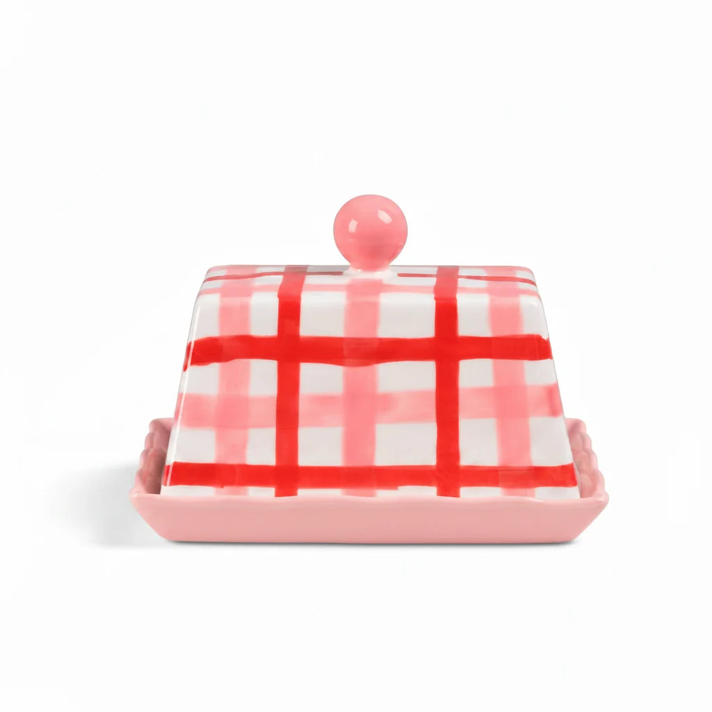 Butter Dish - Pink and Red Gingham