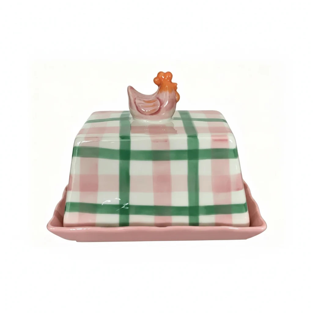 Butter Dish - Pink and Green Gingham with Chicken Handle