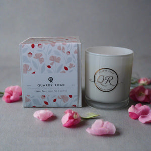Quarry Road scented candle. SWEET PEA. Lovely tones of sweet peas and jasmine bringing in lower tones of sandlewood making a beautiful candle. $39.99