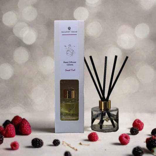 Quarry Road reed diffuser. SWEET TART. One of our all time best selling fragrances. An enticing blend of blackberries and raspberries, with middle notes of white floral greenery, and bottom notes of musk and vanilla. $34.95.